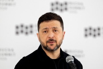 Ukraine's President Volodymyr Zelenskyy addresses the media during the Bucha Summit in Bucha on March 31, 2026. (Source: Getty Images)