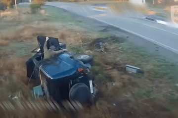 Russian military vehicle flipped over after trying to outrun a Ukrainian strike drone, September 2026. Russian military vehicle flipped over after trying to outrun a Ukrainian strike drone, September 2026.