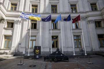 A Russian strike drone Geran-2, a copy of an Iranian-made Shahed-136 unmanned aerial vehicle, is near the Ministry of Foreign Affairs of Ukraine in Kyiv, Ukraine, on July 23, 2025. (Source: Getty Images)