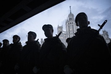 Russian servicemen prepare for a rehearsal of the annual military parade on April 29, 2026. (Source: Getty Images)