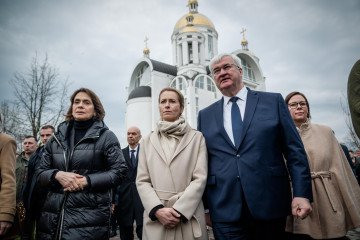Ukrainian FM Andriy Sybiha and EU High Representative Kaja Kallas stand solemnly before the Church of St. Andrew in Bucha, Ukraine. (Source: Andriy Sybiha)