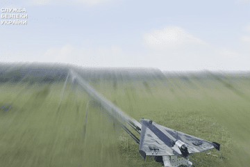 A Ukrainian high-speed interceptor drone launches to counter a jet-powered Russian Shahed attack UAV during operational tests. (Source: Volodymyr Zelenskyy)