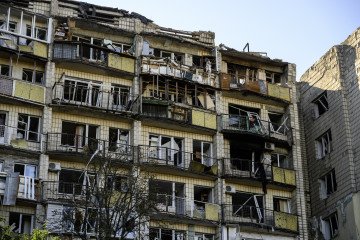 The aftermath of a Russian overnight attack is seen in Kyiv, Ukraine, on August 20, 2026.