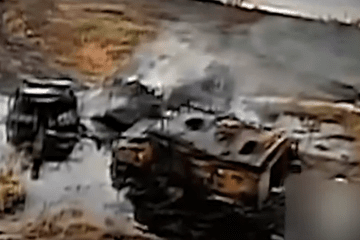 Damaged and destroyed Russian vehicles at the makeshift river crossing near Pokrovsk, Donetsk region, Ukraine, November 17, 2025. (Source: 1st Air Force Combined Rifles Brigade/Facebook)