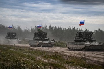 Russian tanks move during the “Zapad-2025” (West-2025) joint Russian-Belarusian military drills at a training ground near the town of Borisov, east of the capital Minsk, on September 15, 2025. (Source: Getty Images)