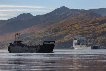 The auxiliary ship RFA Lyme Bay and a landing craft during exercises off the coast of Norway. (Source: RFALymeBay/X)