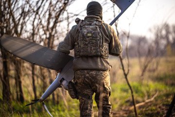 A Ukrainian serviceman from the 23rd Separate Mechanized Brigade prepares a Polish-made WB Electronics FlyEye reconnaissance drone for launch in Donetsk region on April 14, 2025. (Photo: Getty Images)