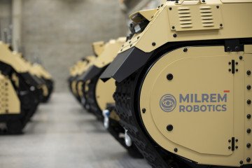 Milrem Robotics' Tracked Hybrid Modular Infantry System (THeMIS) drone vehicles are awaiting shipment at the startup's facility in Tallinn, Estonia, on Monday, March 3, 2025. (