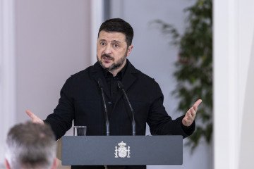 Ukrainian President Volodymyr Zelenskyy speaks during a press conference in Madrid, Spain, March 18, 2026, during a visit to discuss European support for Ukraine. (Source: Getty Images)