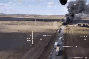 A Ukrainian drone approaches a Russian military supply truck traveling along the R-280 highway in occupied southern Ukraine. (Source: 3rd Separate Special Operations Regiment)