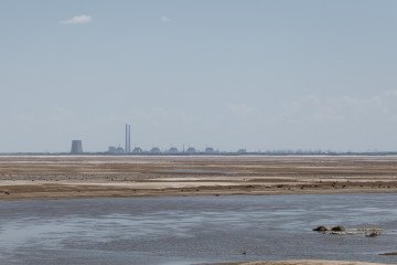 A view of Zaporizhzhia Nuclear Power Plant surrounded by dried beaches as water shortage continues for several weeks in Nikopol, Ukraine on July 3, 2023. Illustrative photo. (Source: Getty Images)