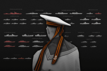 Illustration of a Russian Black Sea Fleet sailor against silhouettes of the fleet’s warships and submarines. (Source: UNITED24 Media/Oleksandr Manukians)