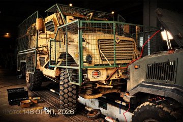 US-made MaxxPro armored vehicle fitted with anti-drone mesh screens inside a Ukrainian military repair facility. (Source: 146th Separate Repair and Recovery Regiment) US-made MaxxPro armored vehicle fitted with anti-drone mesh screens inside a Ukrainian military repair facility. (Source: 146th Separate Repair and Recovery Regiment)