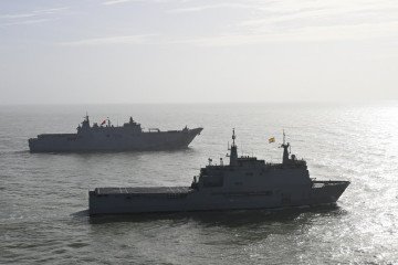 Castilla (L52), a Spanish Galicia-class landing platform dock (LPD), and TCG Anadolu (L-400), a drone-carrying amphibious assault ship of the Turkish Navy, departing for NATO drills, February 1, 2026. (Source: NATOJFCBS/X)