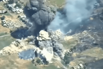 Explosion at the Russian ammunition hub after a Russian air defense steered a Ukrainian drone directly into it, July 2026.