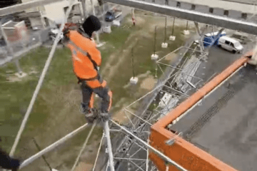 Construction crews assemble a steel framework for anti-drone netting around the Abramovo electrical substation in Moscow. (Source: Supernova+ OSINT channel)
