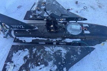 Wreckage of a Russian Gerbera-type unmanned aerial vehicle recovered after being downed, featuring a visible mounting system for launching an FPV drone. (Photo: Open source)