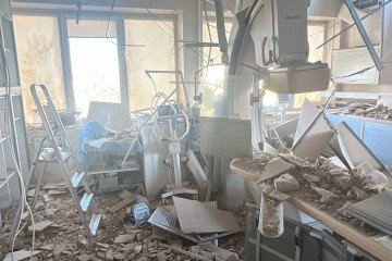 An operating room at Kyiv’s Strazhesko Institute of Cardiology damaged by a Russian drone strike on October 20, 2026. (Source: Serhii Koretskyi via Telegram)