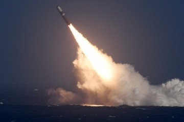 UGM-133 Trident II nuclear ballistic missile launch from a US Navy submarine.