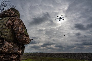 Ukrainian soldiers of the 108th Territorial Defense Brigade test fly a Ukrainian-made Vampire drone. (Source: Getty Images)