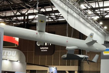 The Ruta missile by Destinus, featuring Ukrainian insignia, at the Eurosatory 2024 exhibition in France. (Source: Militarnyi)