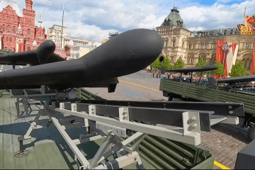 A Russian Harpiya-type strike drone mounted on a military truck during a parade rehearsal in central Moscow. Illustrative photo. (Source: Getty Images)
