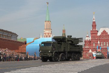 Russian Pantsir-S1 air defense system rolls through Red Square during rehearsals for the Victory Day military parade in Moscow, May 6, 2012. (Source: Getty Images)