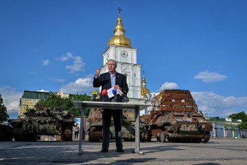 US Senator Lindsey Graham speaks during a press conference at an open air exhibition of destroyed Russian military vehicles in Kyiv, on May 26, 2023. (Source: Getty Images)