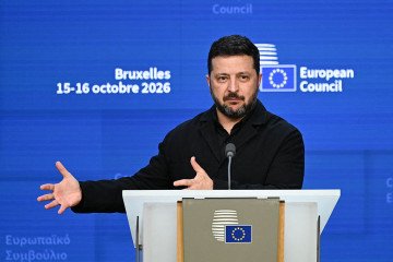 Ukraine’s President Volodymyr Zelenskyy speaks during a press conference as part of a European Union summit at the EU headquarters in Brussels on October 16, 2026. (Source: Getty Images)