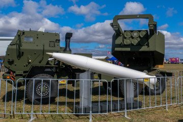 The M142 High Mobility Artillery Rocket System is seen at the outdoor Air Force and Defence Expo of the 2025 Avalon International Airshow in Avalon, Victoria, Australia, March 25, 2025. (Source: Getty Images)