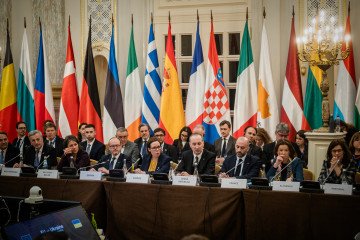 EU foreign ministers, including delegates from Czechia, France, and Spain, sit behind their national nameplates in Kyiv during high-level talks on the Special Tribunal and military aid. (Source: Ukraine’s MFA)