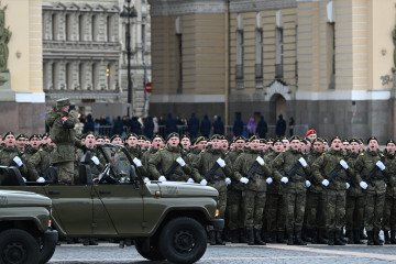 Russian troops rehearse for the Victory Day military parade at Palace Square in Saint Petersburg, Russia, April 23, 2026. (Source: Getty Images)
