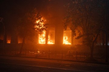 Damage to a residential building in Kyiv following a Russian ballistic missile attack on the Ukrainian capital on May 24, 2026. (Source: Getty Images)