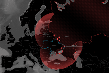 Map showing the estimated 1,000-kilometer operating range of Russian drone launch sites. (Source: Oleksandr Manukians/UNITED24 Media)