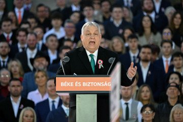 Hungarian Prime Minister Viktor Orbán speaks at a Fidesz campaign rally in front of Parliament in Budapest on March 15, 2026. (Source: Getty Images)