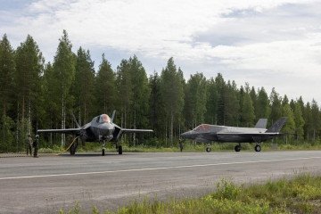 US Marine Corps F-35B stealth fighters operate from a Finnish highway, June 2026.