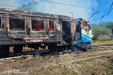 A commuter electric train damaged by a Russian drone attack in the Novovodolazka community of Ukraine’s Kharkiv region on September 18, 2026. (Source: State Emergency Service of Ukraine)