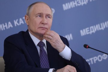 Russian leader Vladimir Putin looks on while visiting the Federal Center For Disaster Medicine, on April 28, 2026 in Moscow, Russia. (Source: Getty Images)
