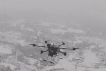 Russian heavy hexacopter bomber drone moments before Ukrainian drone struck it, March 2026. (Source: 81st Brigade)