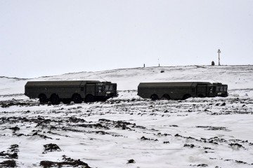 Russia’s Bastion mobile coastal defense missile systems drive across Alexandra Land on the Franz Josef Land archipelago in the Arctic, May 17, 2021. Illustrative photo. (Source: Getty Images)