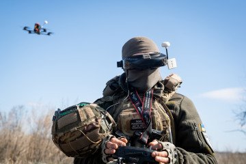 A Ukrainian soldier conducts a trial with an FPV drone in the Kharkiv region, Ukraine, on March 19, 2025. (Source: Getty Images) A Ukrainian soldier conducts a trial with an FPV drone in the Kharkiv region, Ukraine, on March 19, 2025. (Source: Getty Images)