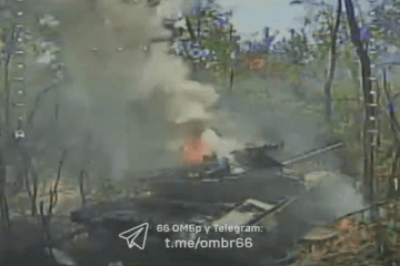 Russian tank burns after a Ukrainian FPV drone strike, September 2026. Russian tank burns after a Ukrainian FPV drone strike, September 2026.