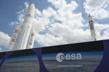 Ariane 5 ECA (L) and Ariane 1 space rockets on display during the Paris International Air Show at ParisLe Bourget Airport, north of Paris, on June 17, 2025. (Source: Getty Images)