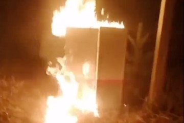 A railway relay cabinet set on fire by the ATESH partisan movement during a successful sabotage operation in Belgorod region. (Photo: ATESH)
