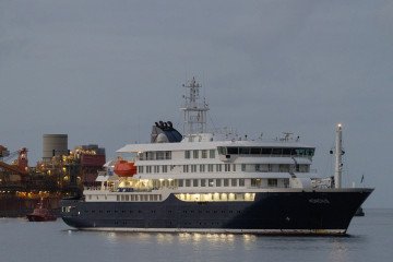 The MV Hondius arrives in the Granadilla Port on May 10, 2026, in Tenerife, part of the Canary Islands, Spain. (Source: Getty Images)