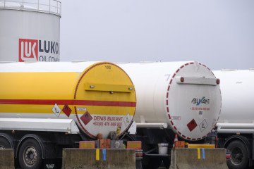 Black Sea Drone Attacks Shift Turkish Oil Imports Away From Russian Supply Lines Tanker trucks are waiting near the PJSC Lukoil Oil Company tank storage. (Source: Getty Images)