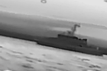 Russian Project 12200 patrol boat moments before being hit by a Ukrainian naval drone near the Kerch Bridge, April 30, 2026. (Source: Ukrainian Navy)
