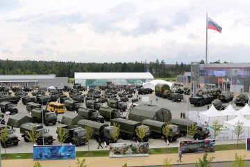 Russian military vehicles and missile systems displayed during the ARMY 2018 defense forum at Kubinka airfield near Moscow on Aug. 21, 2018. (Source: Getty Images)
