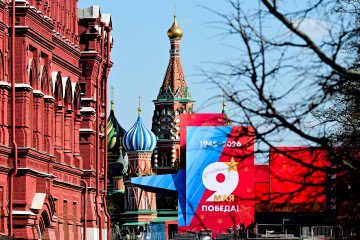 Security barriers stand at the entrance of the historic Red Square, which is closed to the public ahead of the May 9 Victory Day celebrations in Moscow, Russia on May 3, 2026. (Source: Getty Images)
