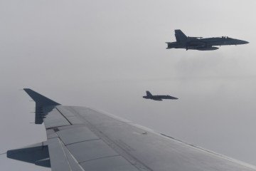 Finnish Air Force F-18s are seen during a NATO Baltic Air Policing drill simulating an interception of a civilian flight near Siauliai airport in Lithuania, on January 14, 2020. Illustrative image.